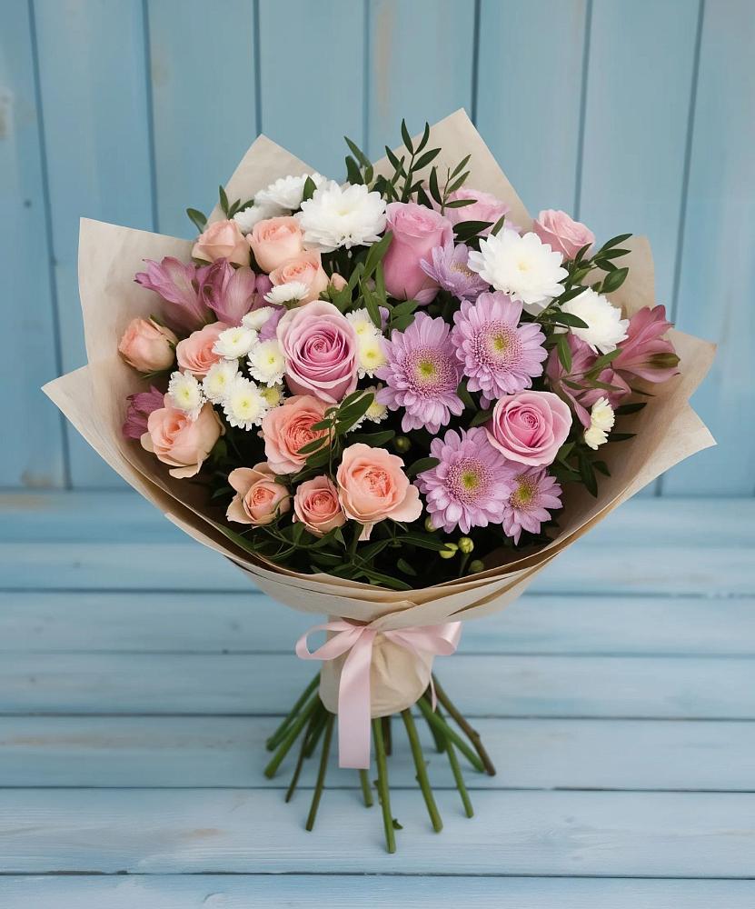 Букет цветов из: Хризантемы, Розы и Альстромерии в Дубках Саратовской области