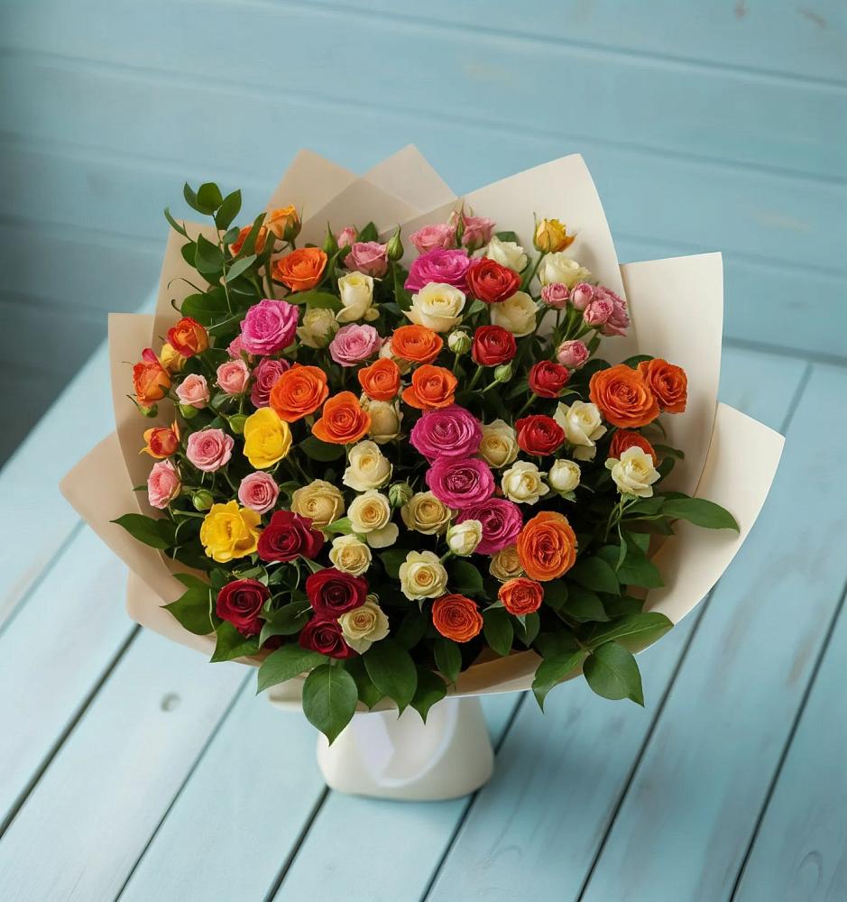 Букет Микс из разноцветных кустовых роз в Дубках Саратовской области