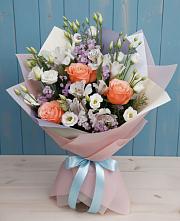 Букет цветов из:  Лизиантусы, Розы, Альстромерии и Гипсофила в Дубках Саратовской области