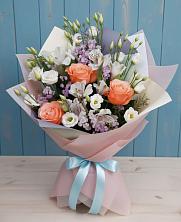 Букет цветов из:  Лизиантусы, Розы, Альстромерии и Гипсофила в Дубках Саратовской области