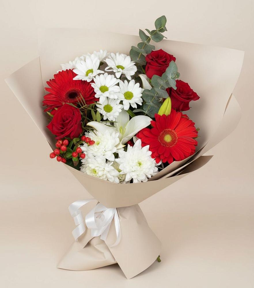 Букет цветов из: Розы, Хризантемы, Герберы и Лилии в Дубках Саратовской области