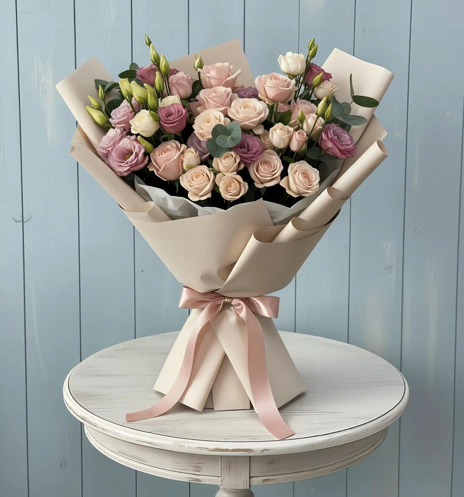 Букет цветов из: Розы и Лизиантусы в Дубках Саратовской области