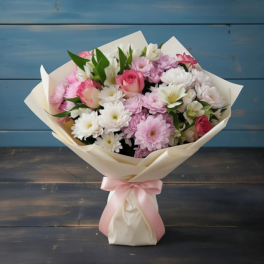 Букет цветов из: Хризантемы, Альстромерии и Розы в Дубках Саратовской области